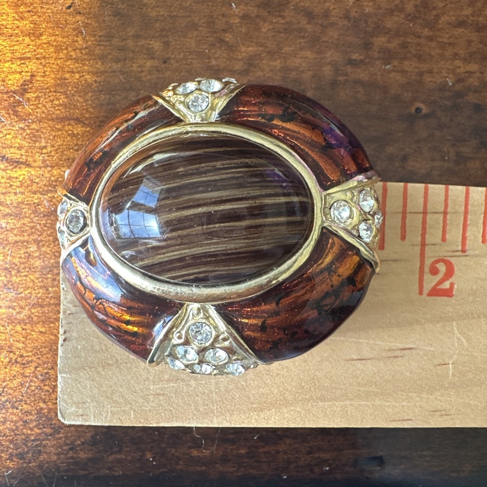 Vintage Brooch Pin 1.75 Inch Brown Marbled Art Glass Clear Rhinestones Gold - Picture 7 of 8